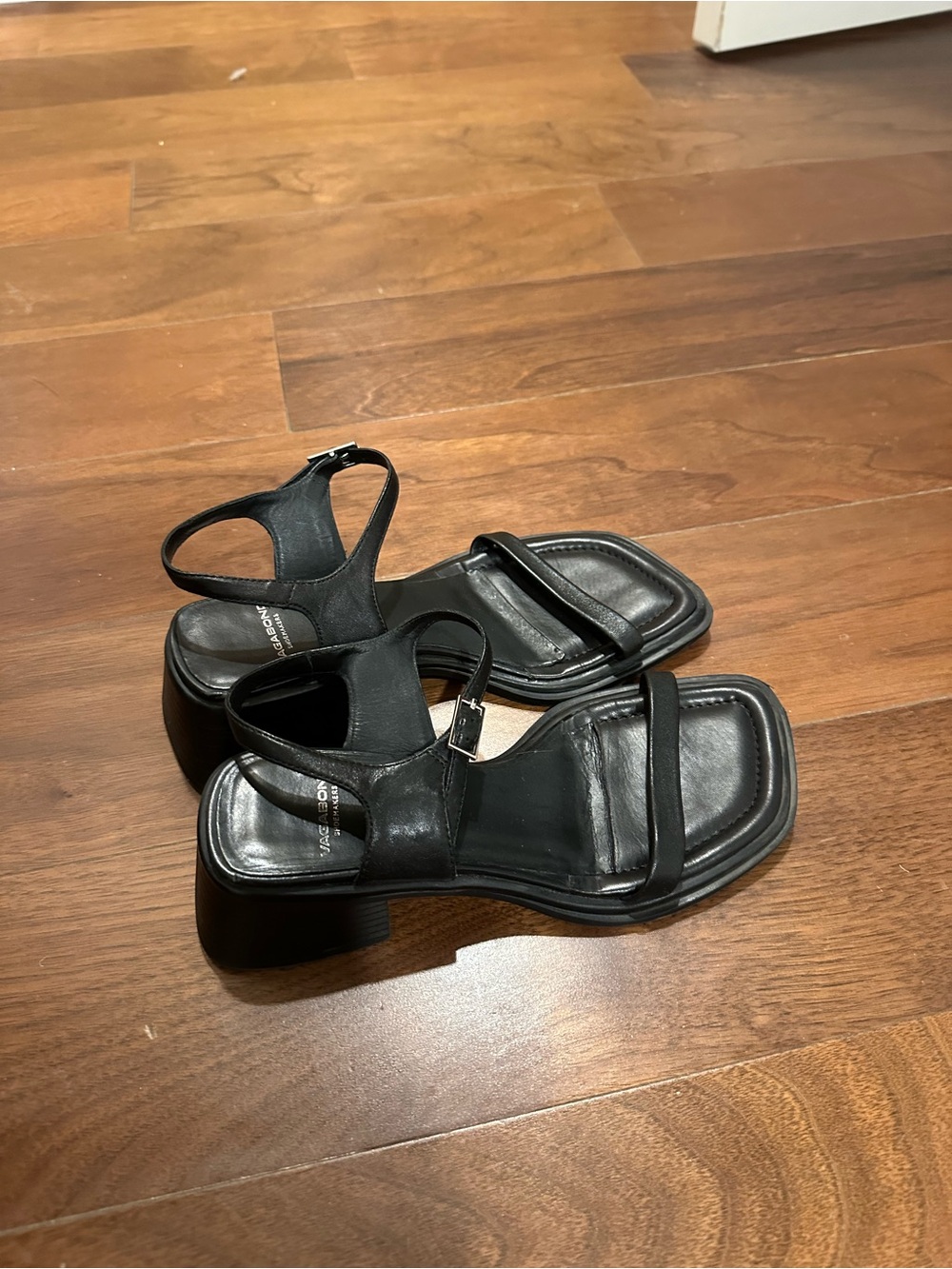 Vagabond Black Square-Toe Ankle-Strap Block Heels